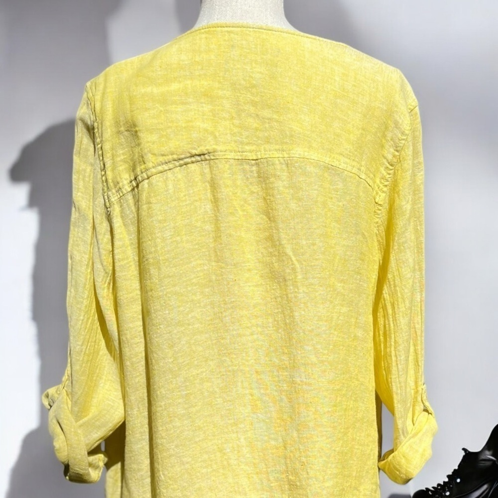 🌻Tahari Pear Color Linen Lagenlook Button Roll-Tab Tunic Blouse Size 1X - Picture 7 of 8